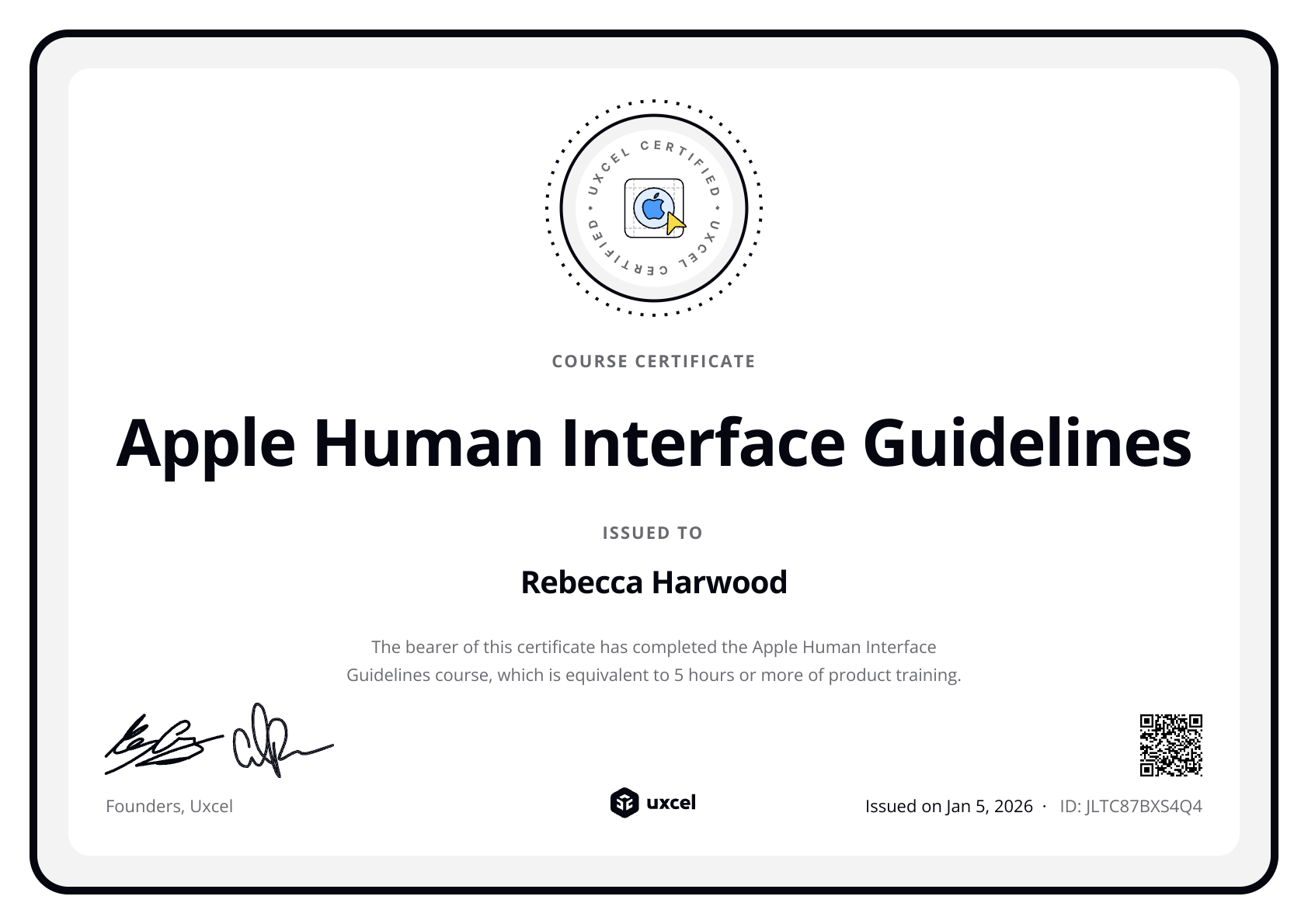 Rebecca Harwood's certificate